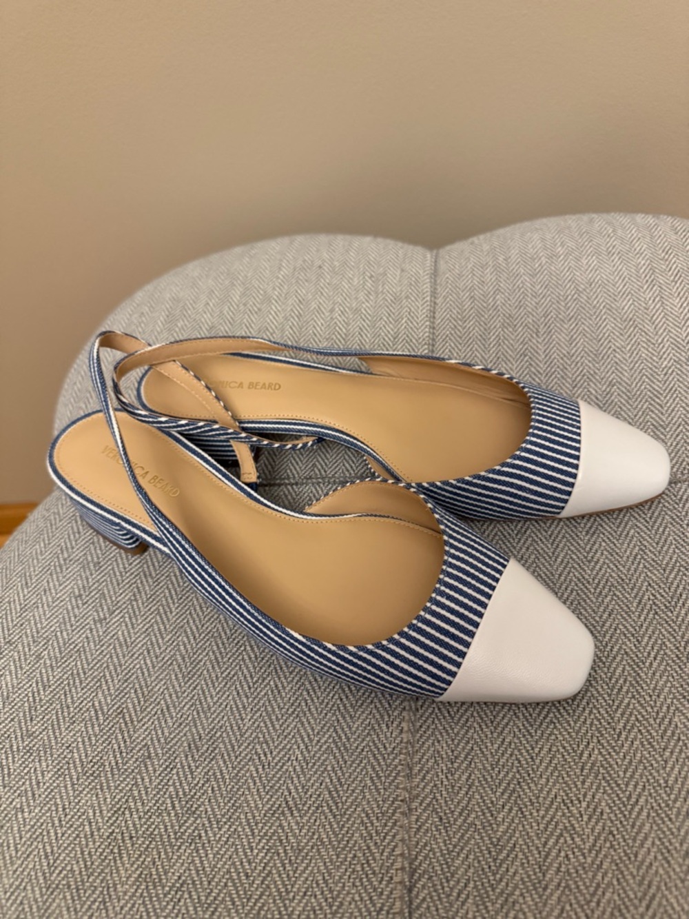 NEW Veronica Beard Blue Stripe and White Cap-Toe Slingback Mules - Picture 8 of 8